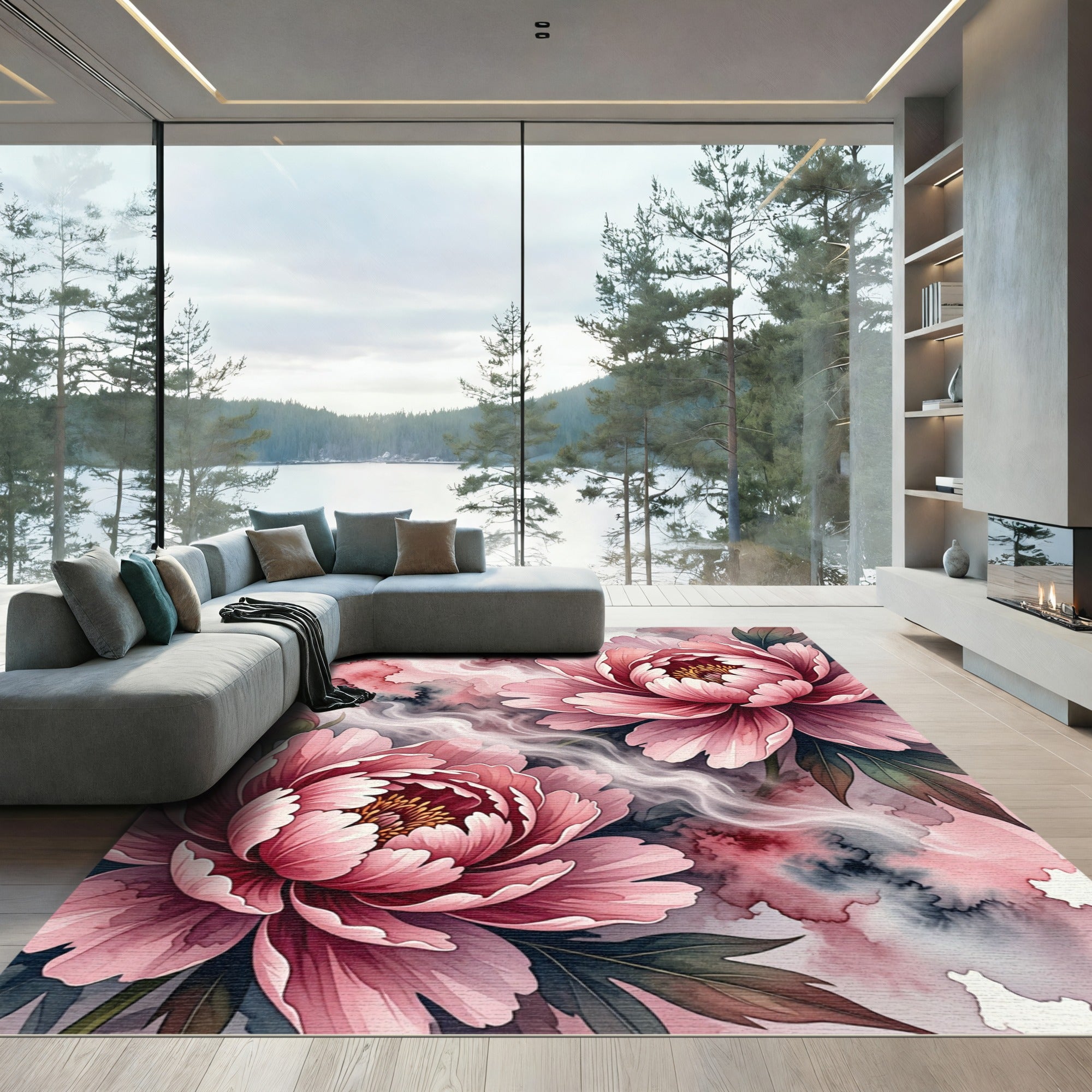 Pink Peony Watercolor Floral Swirl Rug