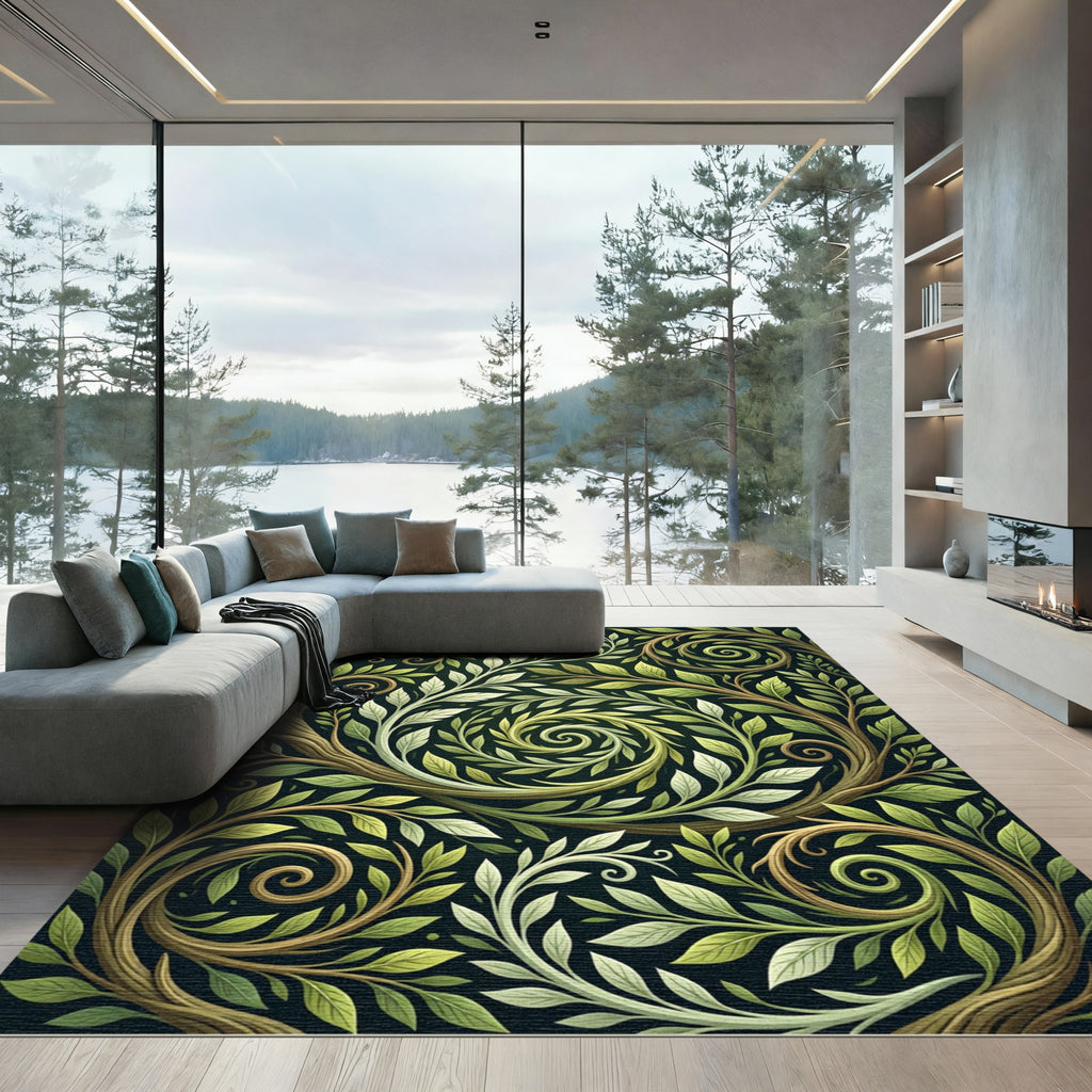 Swirling Lush Green Leaf Botanical Art Rug