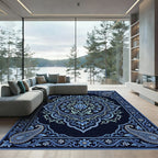 Deep Blue Paisley Floral Medallion Rug