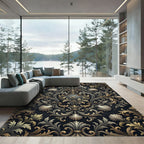 Golden Ornate Baroque Floral Scrollwork Rug