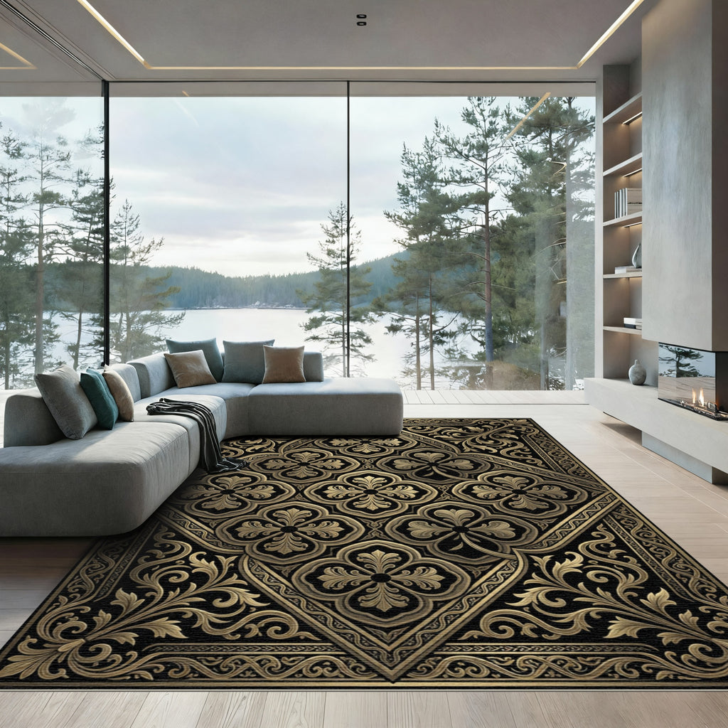 Antique Gold Black Courtly Flourish Rug