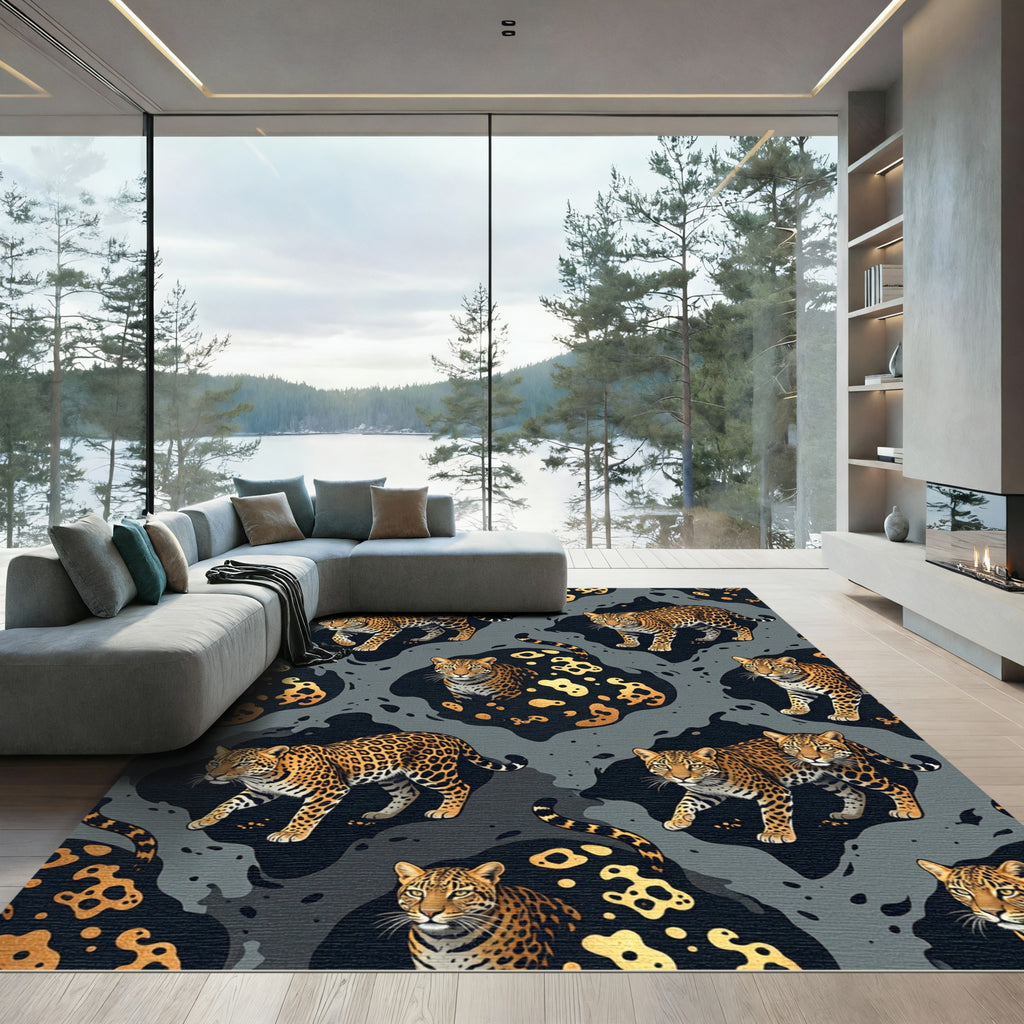 Golden Leopard Ink Blot Abstract Rug