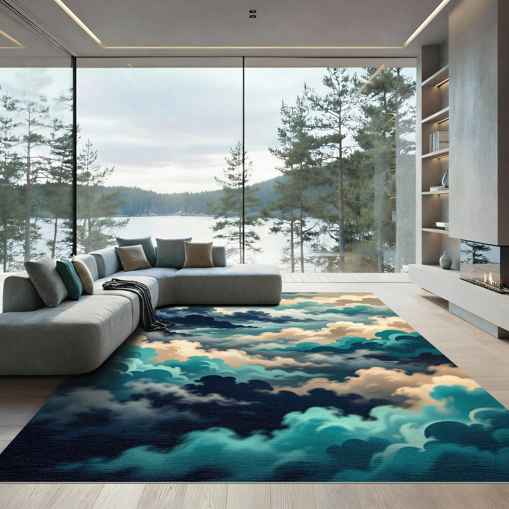 Ethereal Blue Cloudscape Abstract Wave Rug