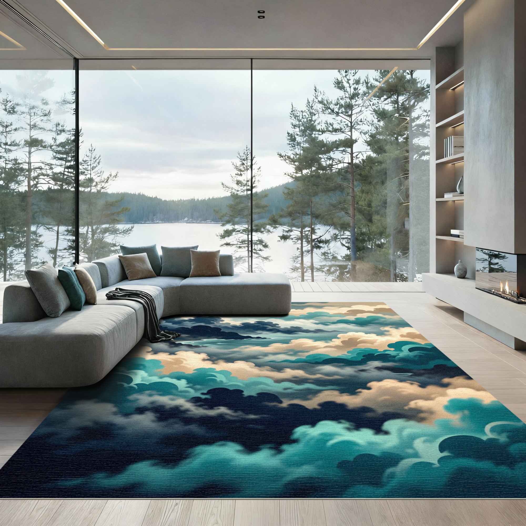 Ethereal Blue Cloudscape Abstract Wave Rug