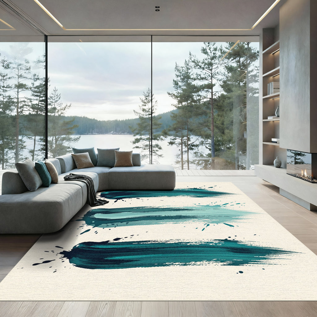 Teal Abstract Ink Brush Stroke Rug