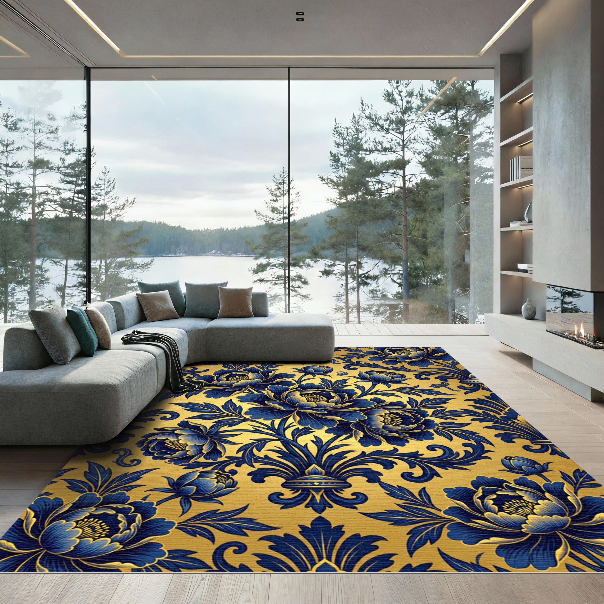 Ornate Royal Blue Gold Floral Damask Rug
