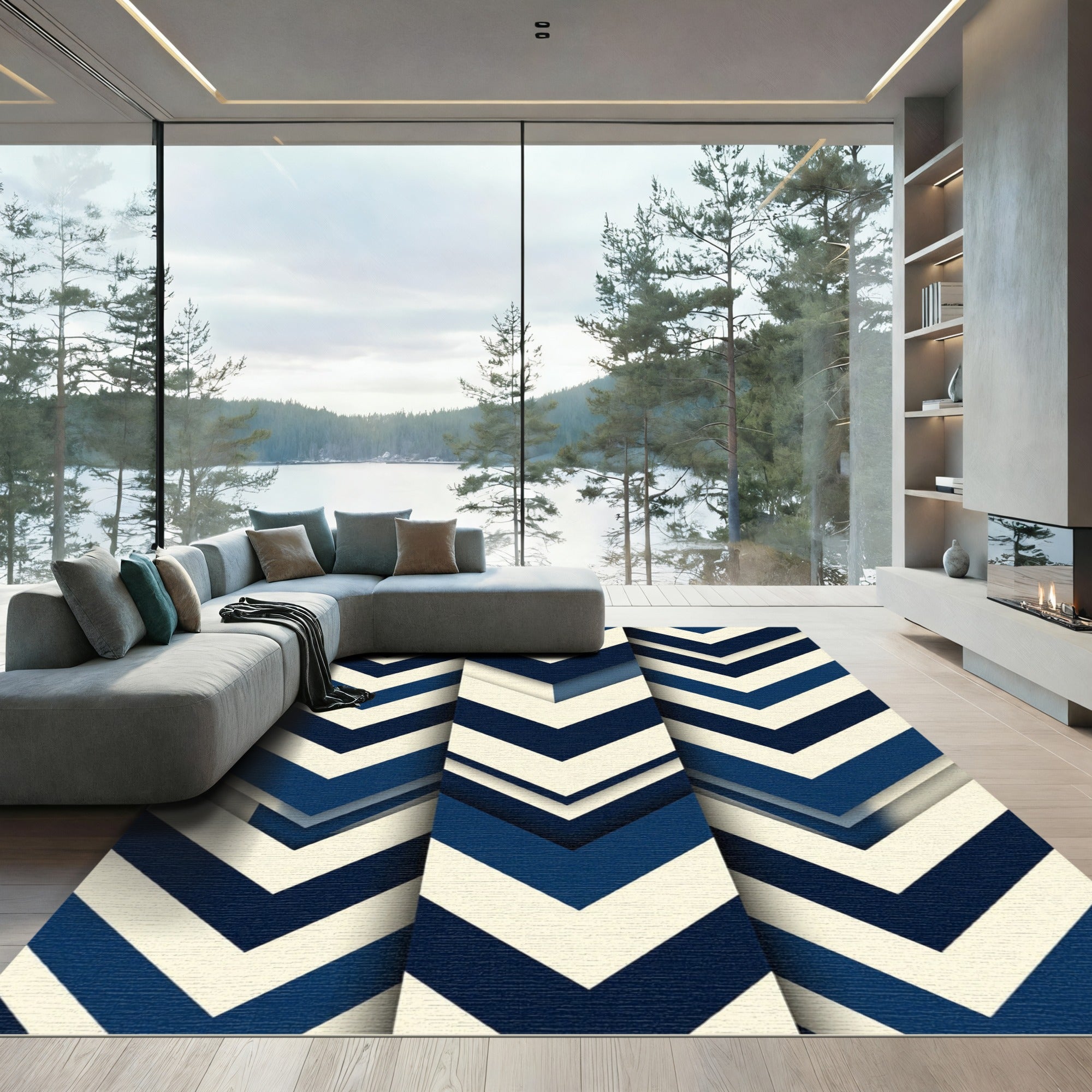 Navy and Cream Chevron Geometric Rug