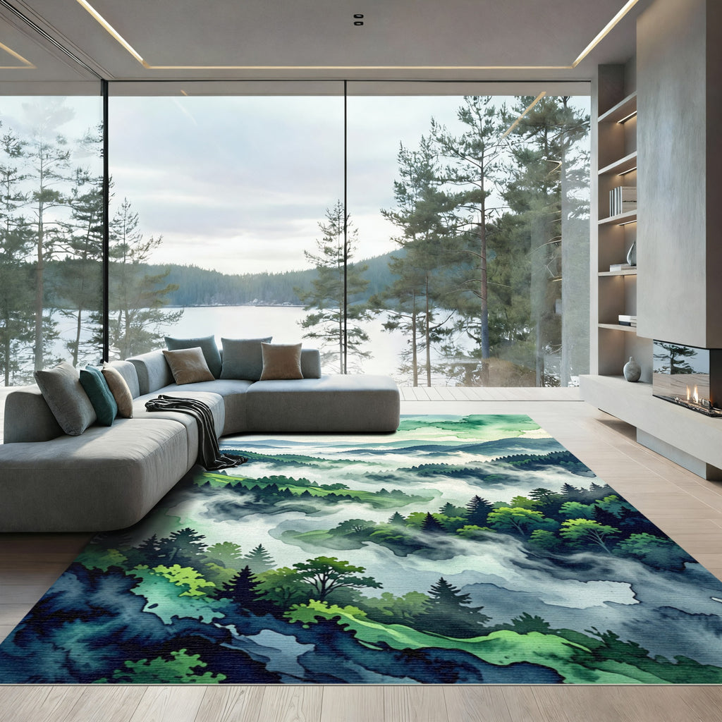 Ethereal Misty Forest Mountain Landscape Rug
