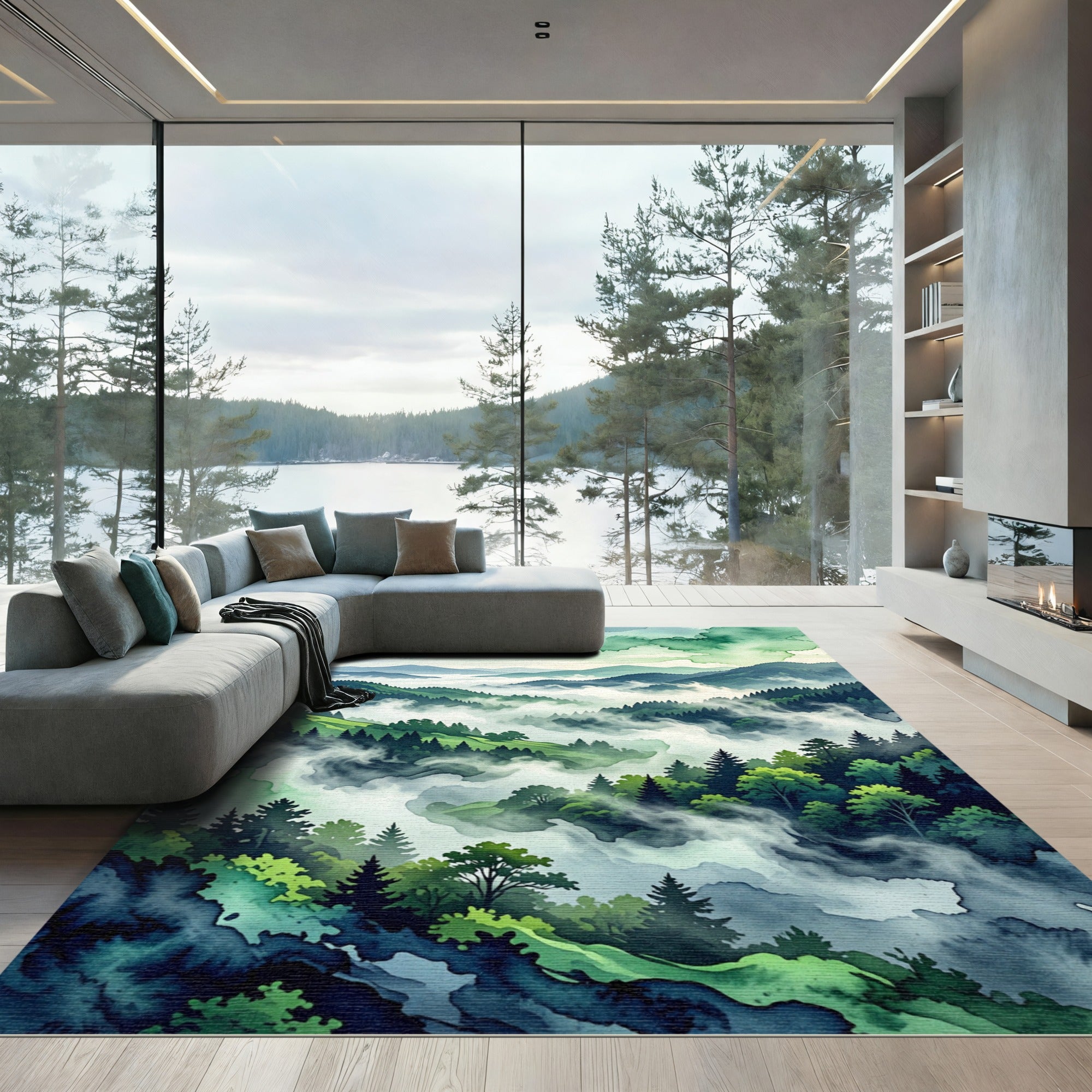 Ethereal Misty Forest Mountain Landscape Rug