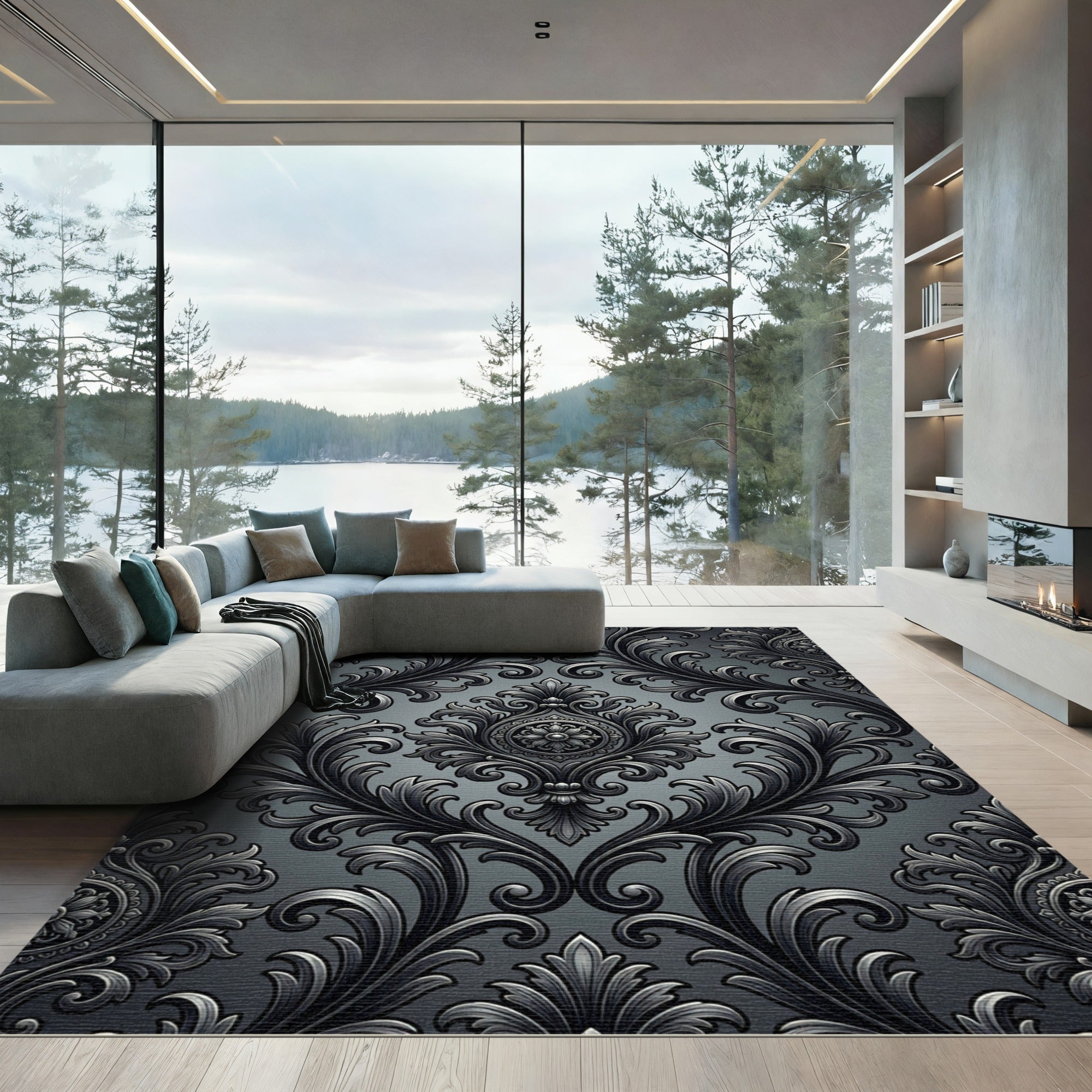 Ornate Black Acanthus Scroll Detail Rug