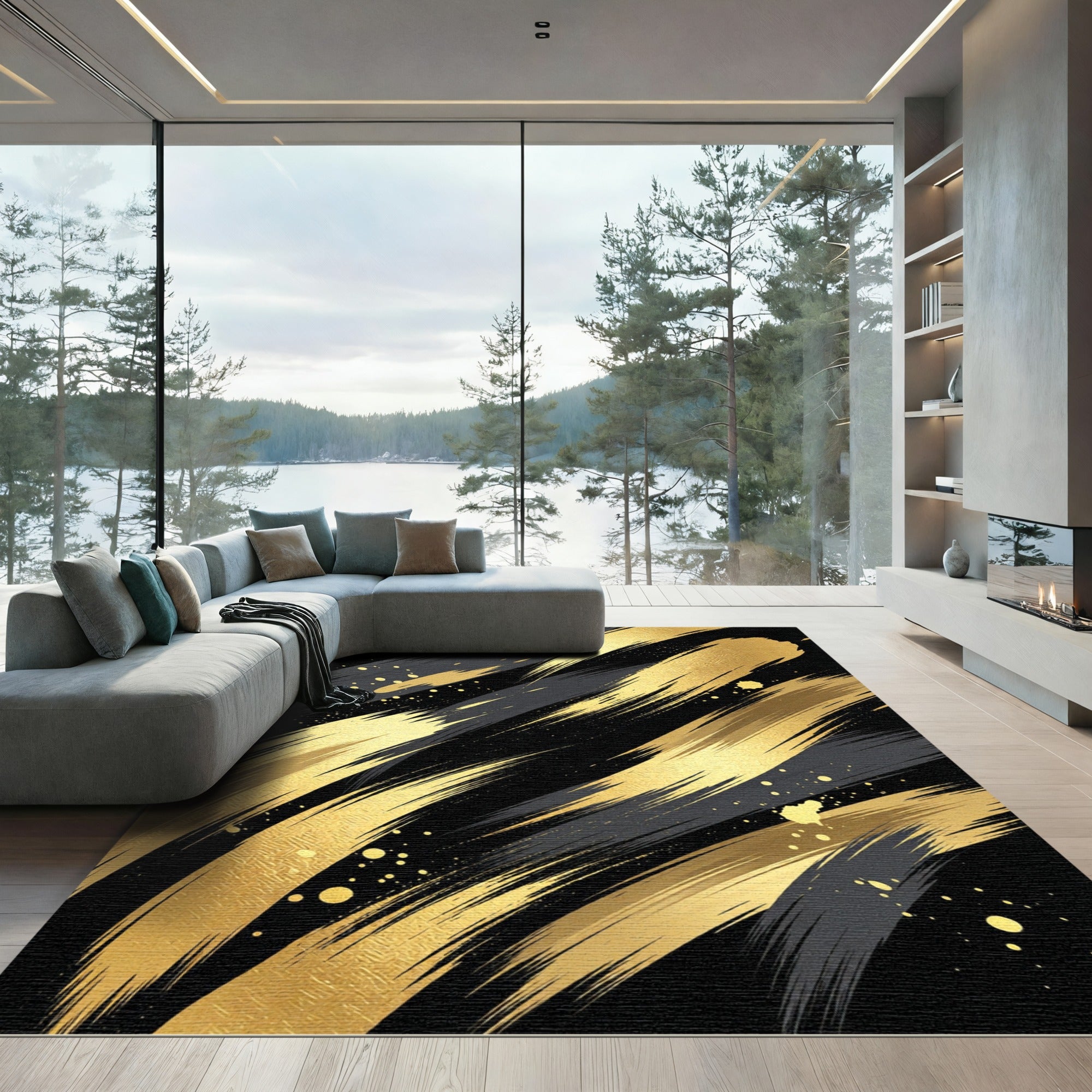 Bold Gold Gray Brush Stroke Rug