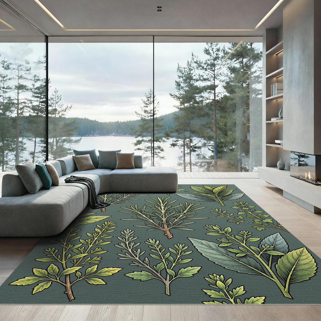 Green Herb Garden Botanical Arrangement Rug