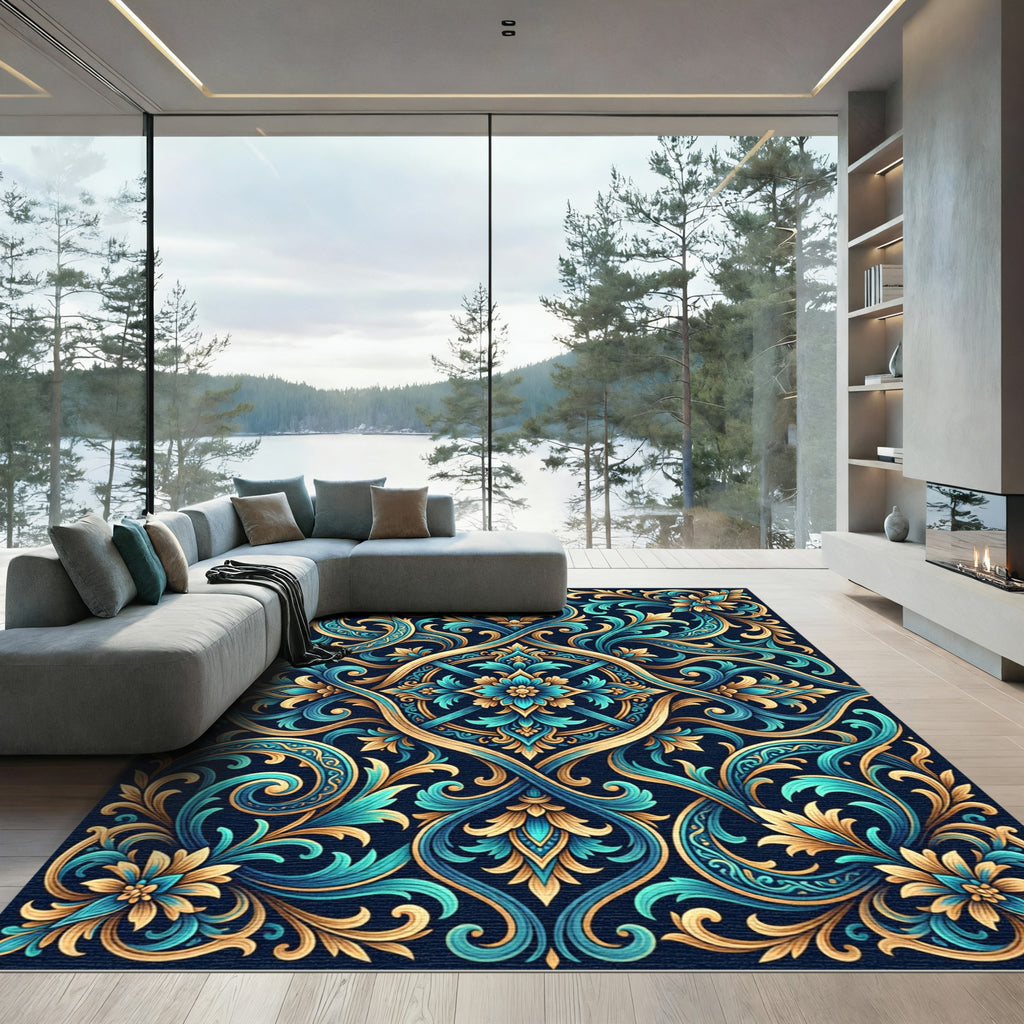 Teal Gold Ornate Floral Symmetry Rug