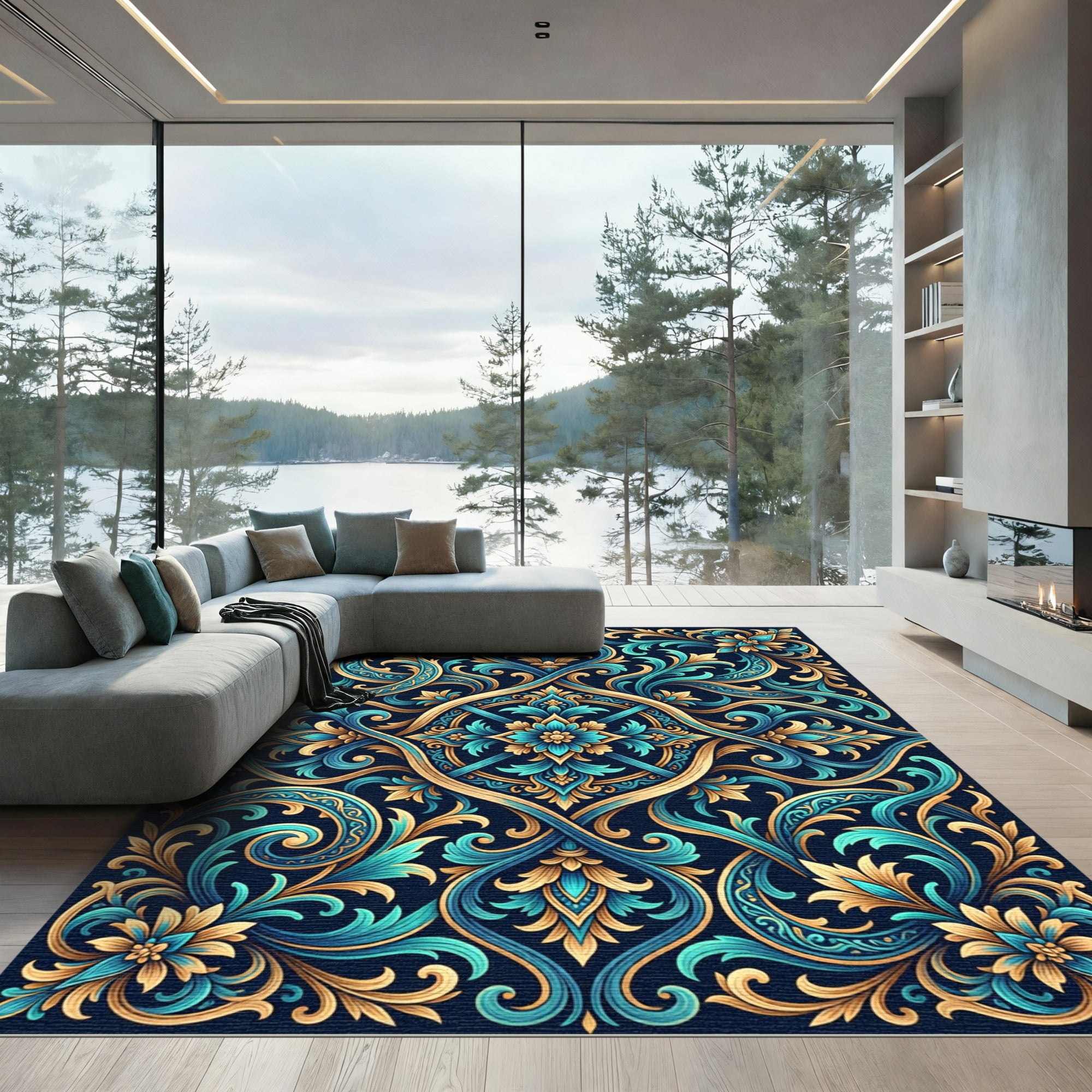 Teal Gold Ornate Floral Symmetry Rug