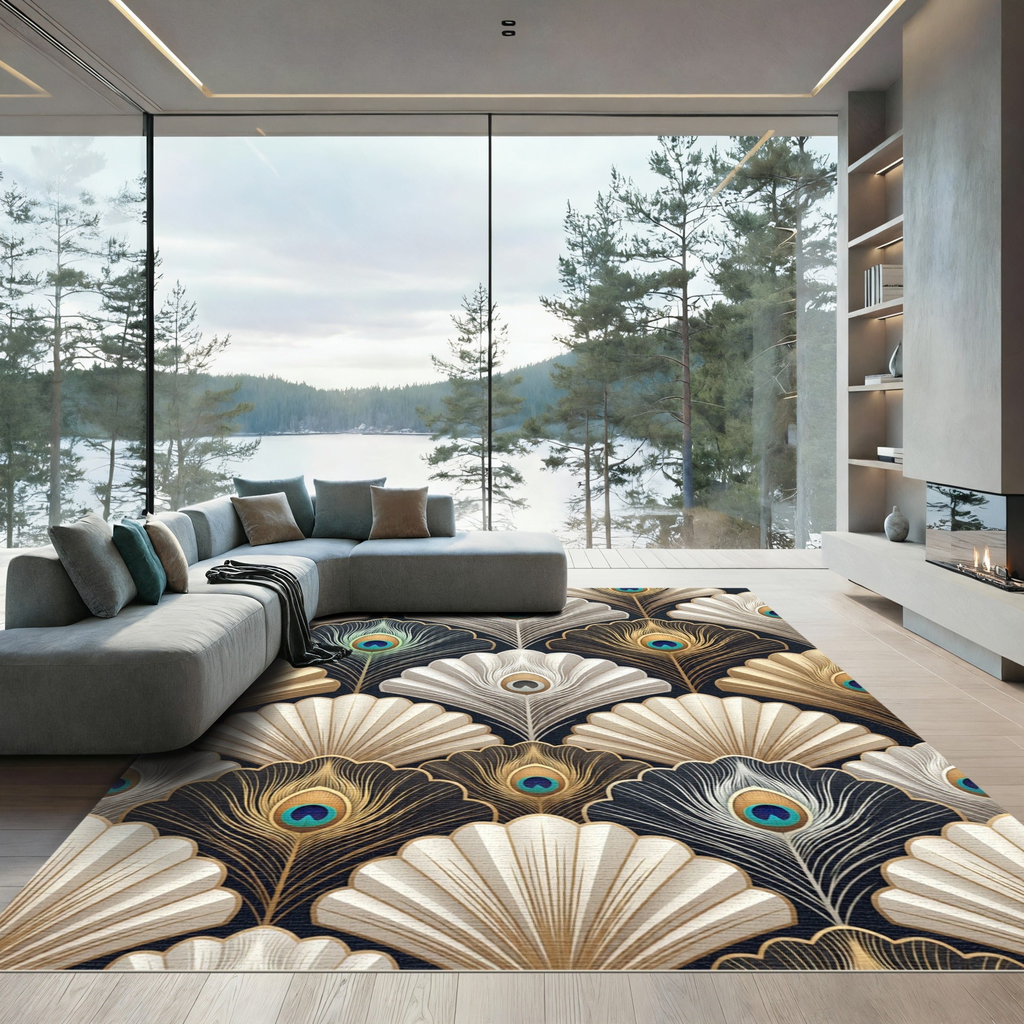 Elegant Peacock Feather Fan Assemblage Rug