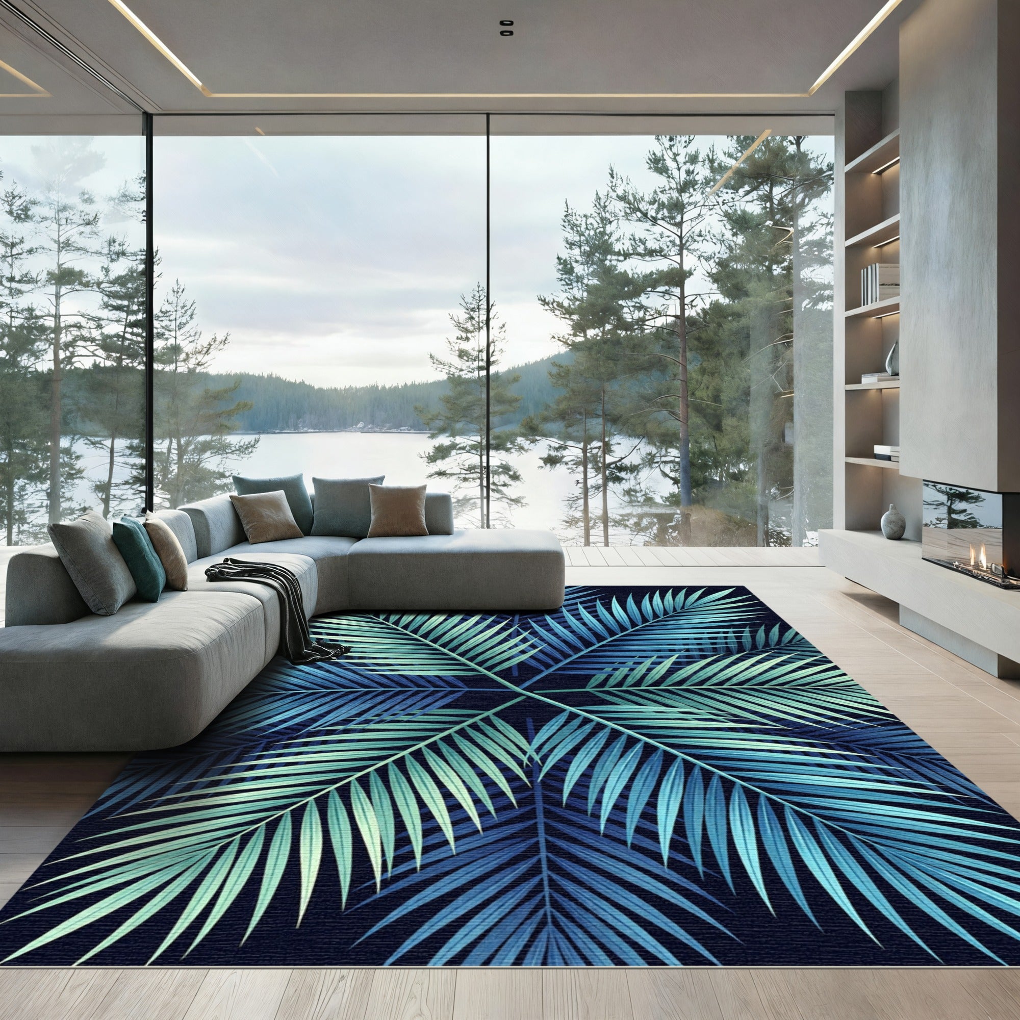 Cool Blue Palm Frond Collage Rug