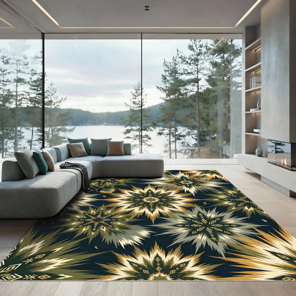 Geometric Olive and Gold Starburst Rug