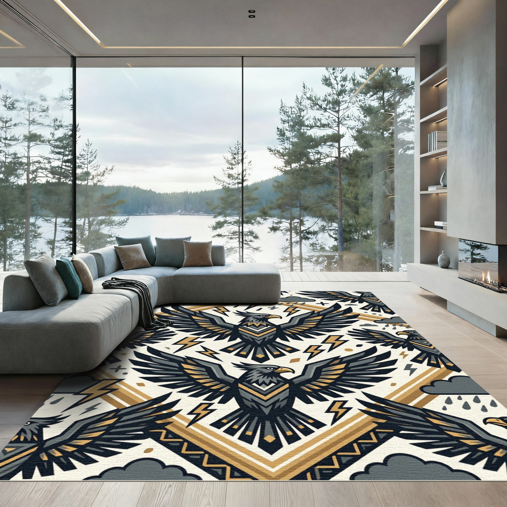 Stormy Gold Geometric Eagle Avian Art Rug