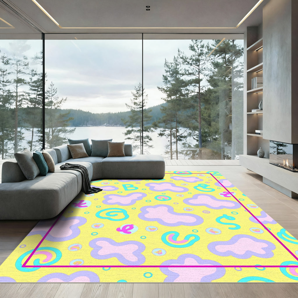 Whimsical Yellow Cloud Doodle Script Rug