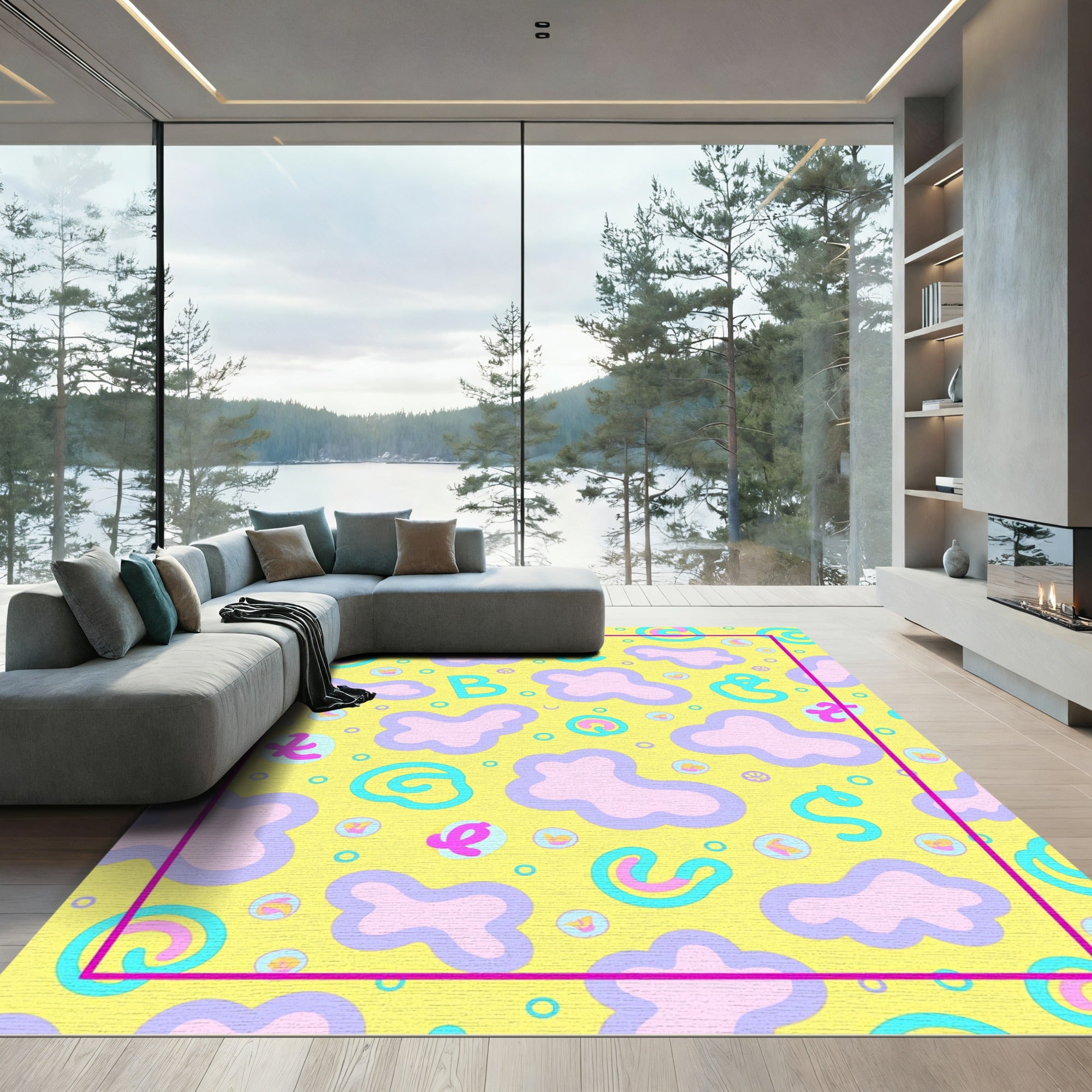 Whimsical Yellow Cloud Doodle Script Rug