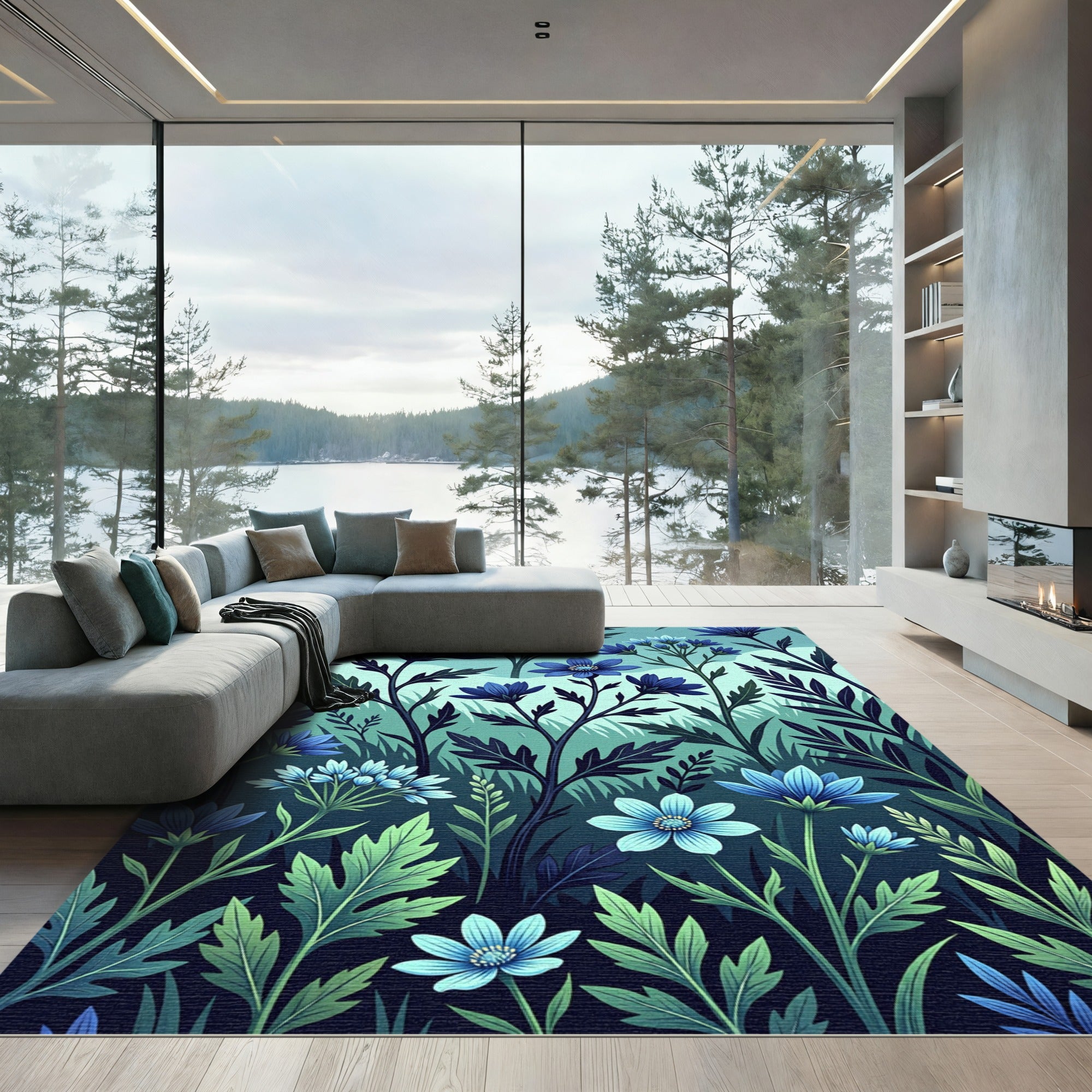 Midnight Blue Floral Garden Whimsy Rug