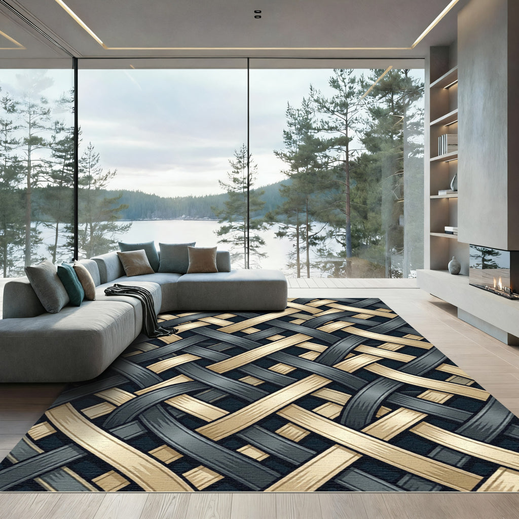 Interlocking Golden and Charcoal Woven Ribbons Rug