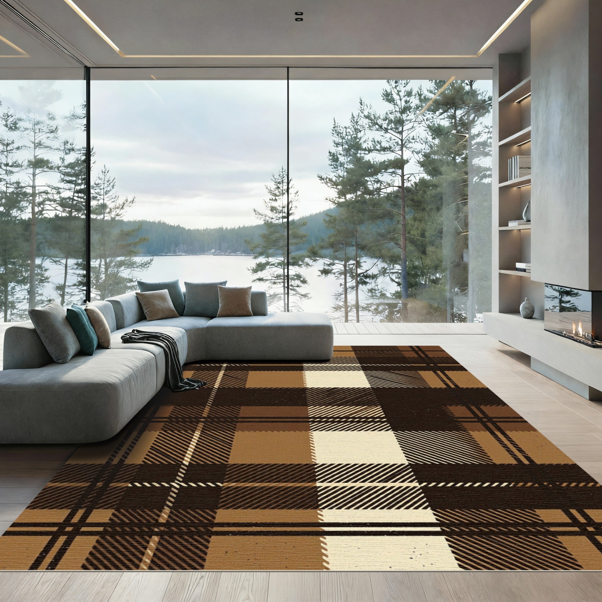 Earthy Brown Plaid Checkered Harmony Rug