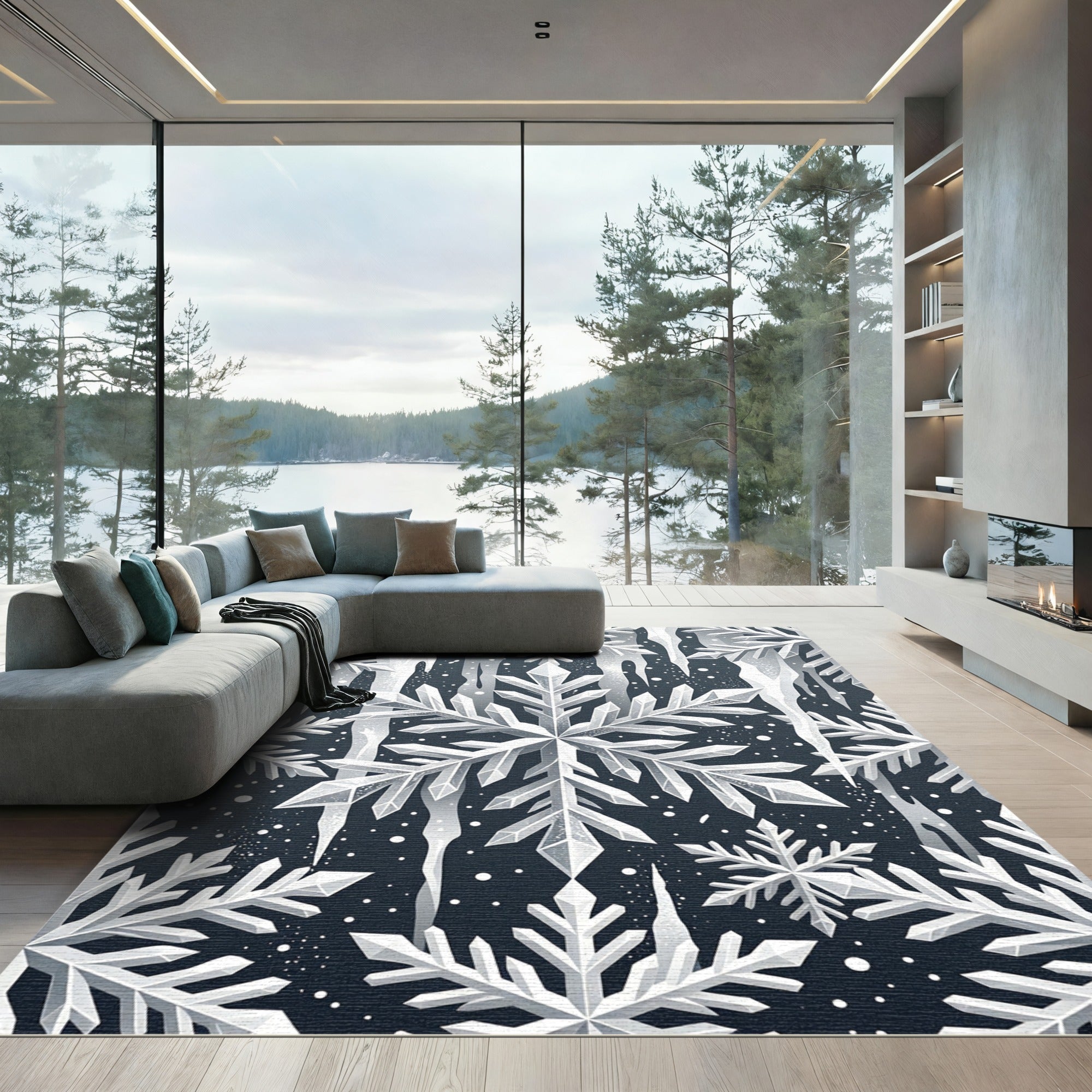 Elegant White Icicle Winter Snowflake Rug