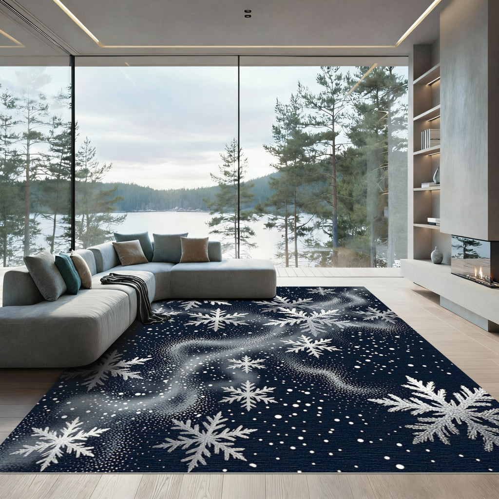 Silver Starry Snowflake Night Whimsy Rug