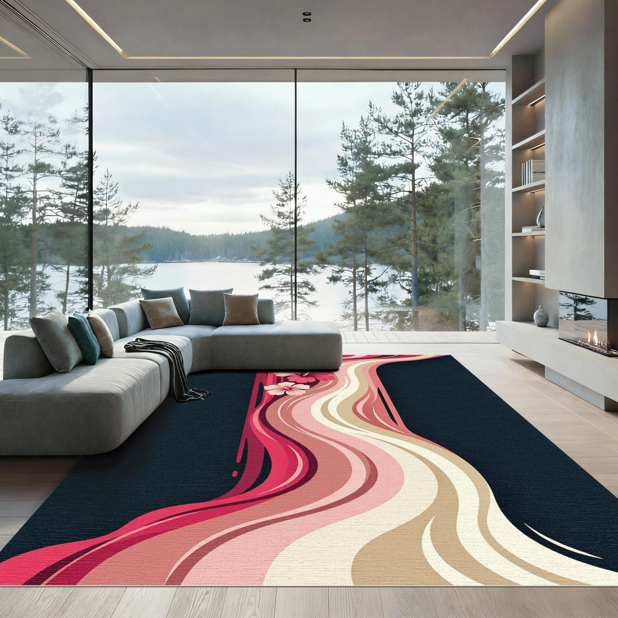 Tropical Hibiscus Fluid Wave Abstract Rug