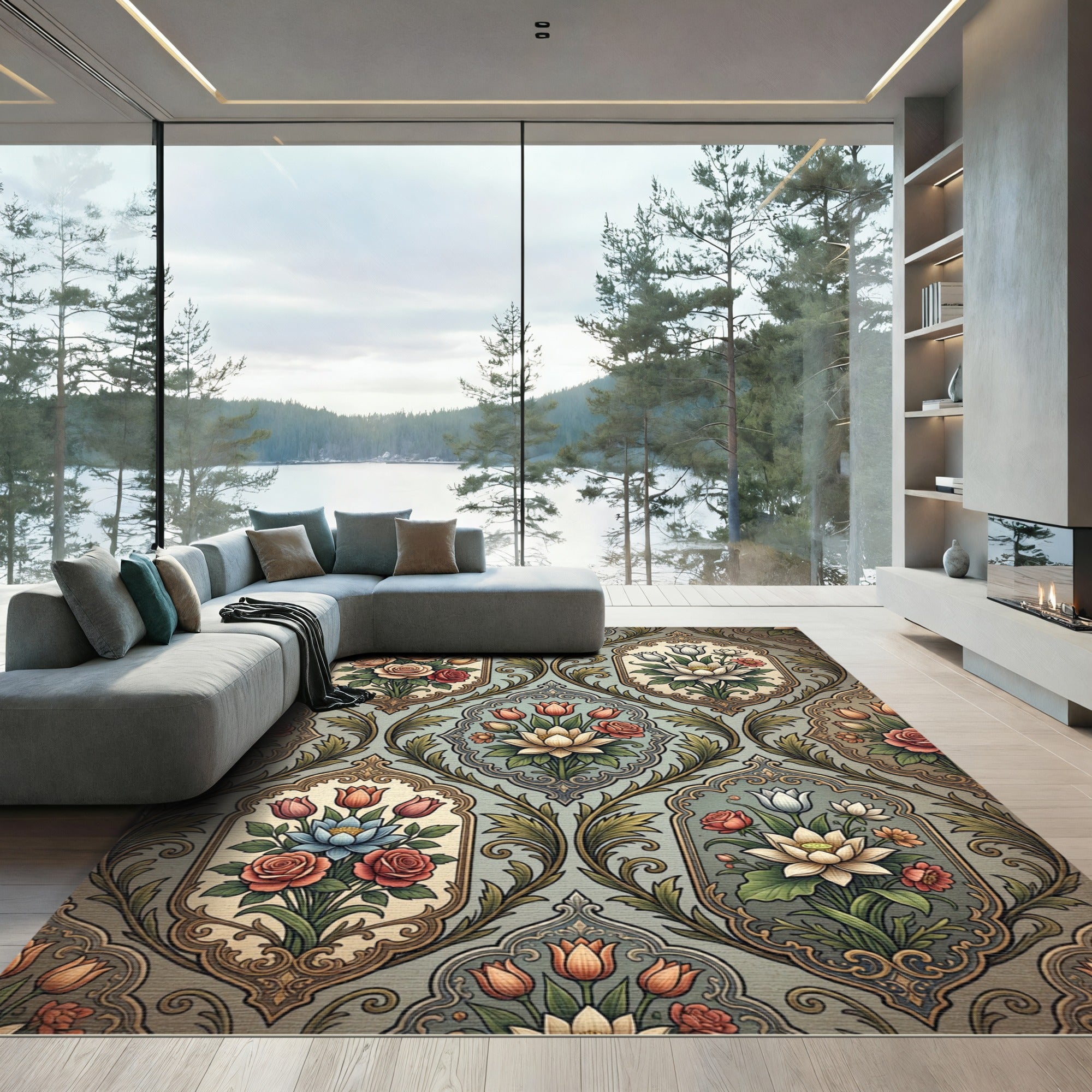 Pastel Floral Scrolling Arabesque Rug