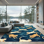 Playful Cream Feline Blue Waves Rug
