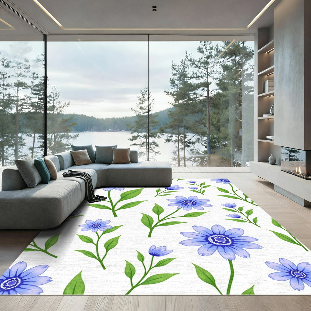 Delicate Blue Floral Stem Composition Rug