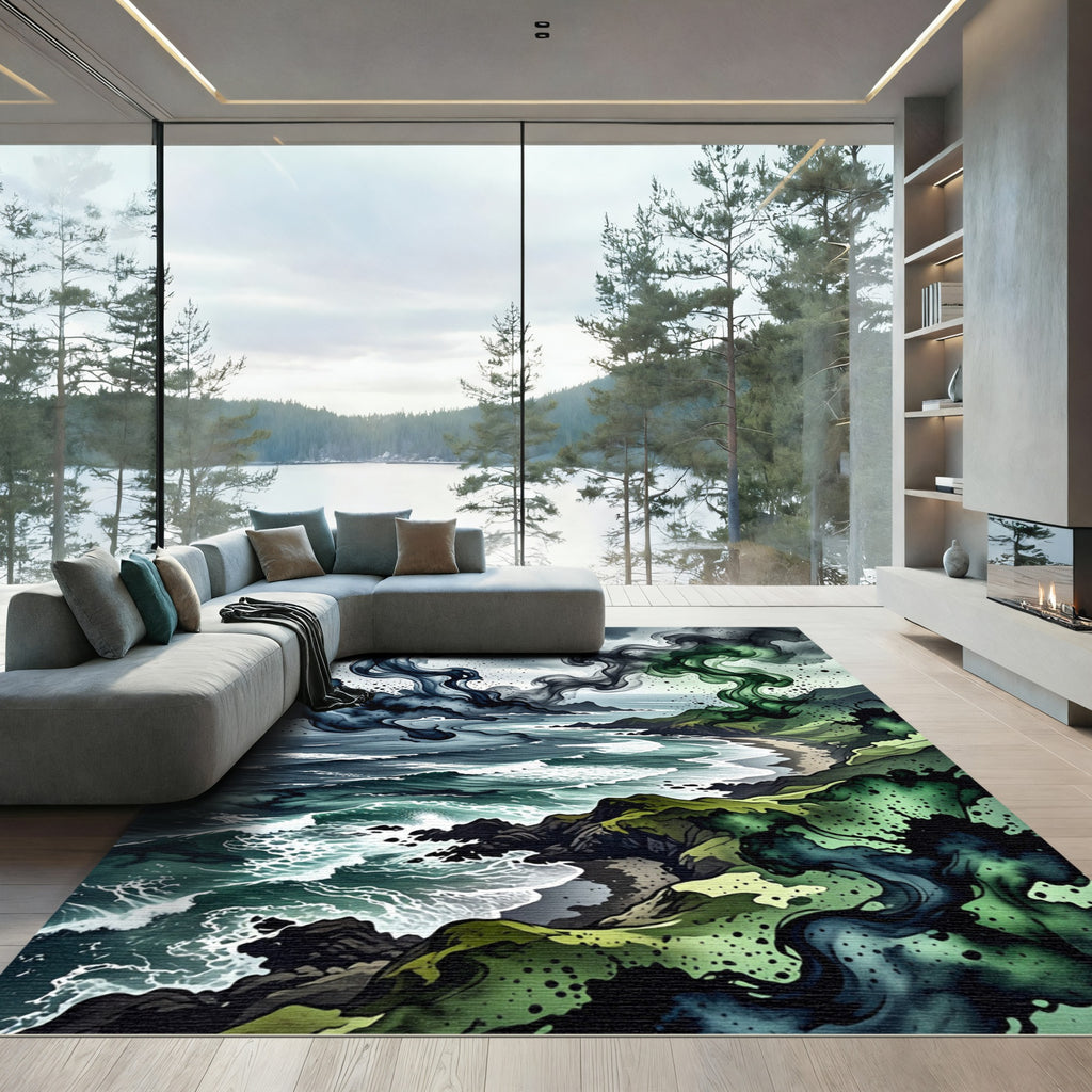 Stormy Coastal Wave Abstract Landscape Rug