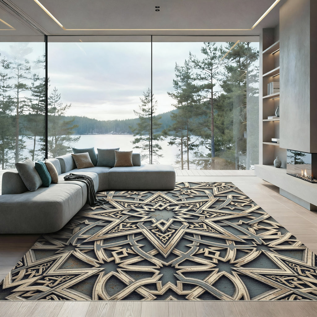 Sophisticated Silver Geometric Star Medallion Rug