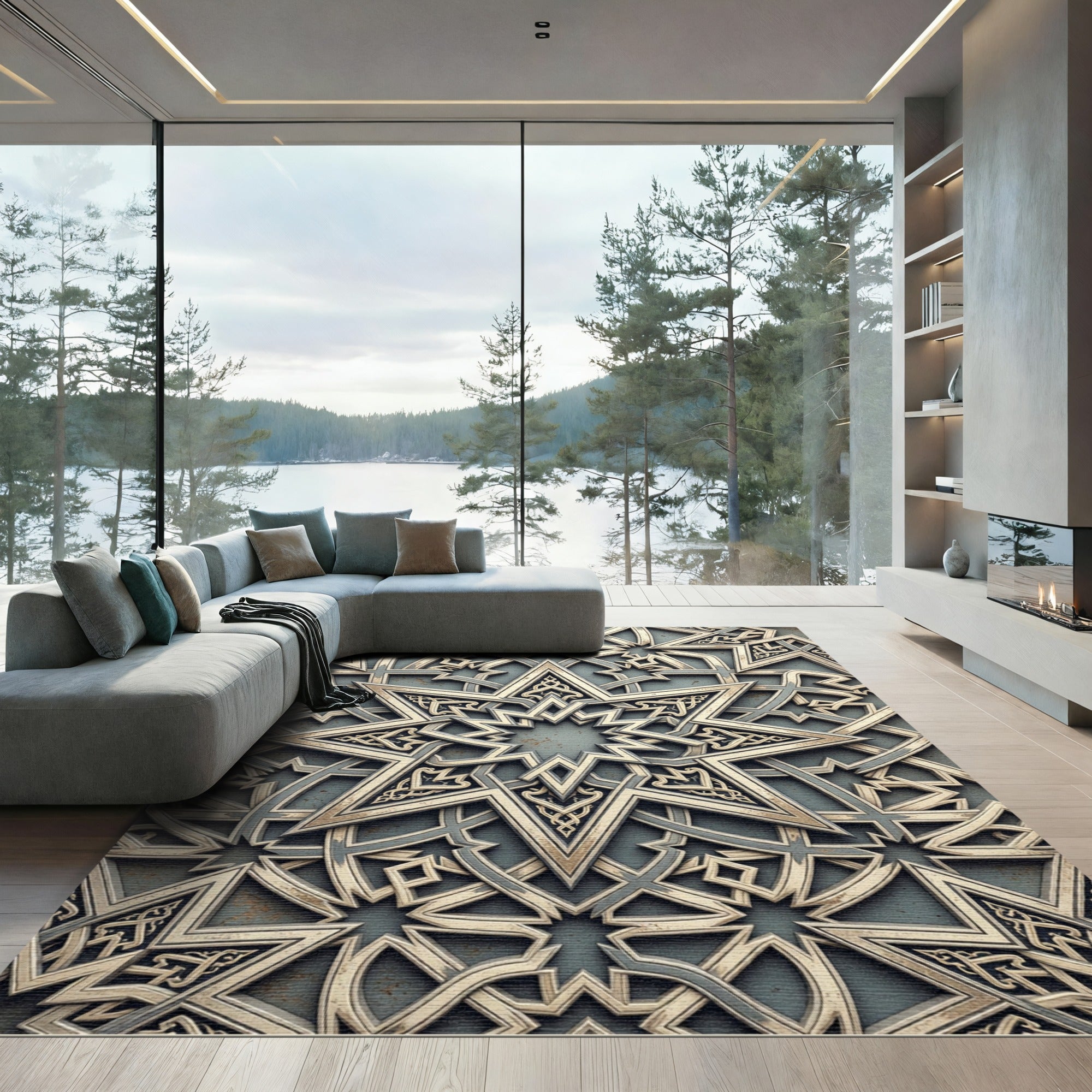 Sophisticated Silver Geometric Star Medallion Rug
