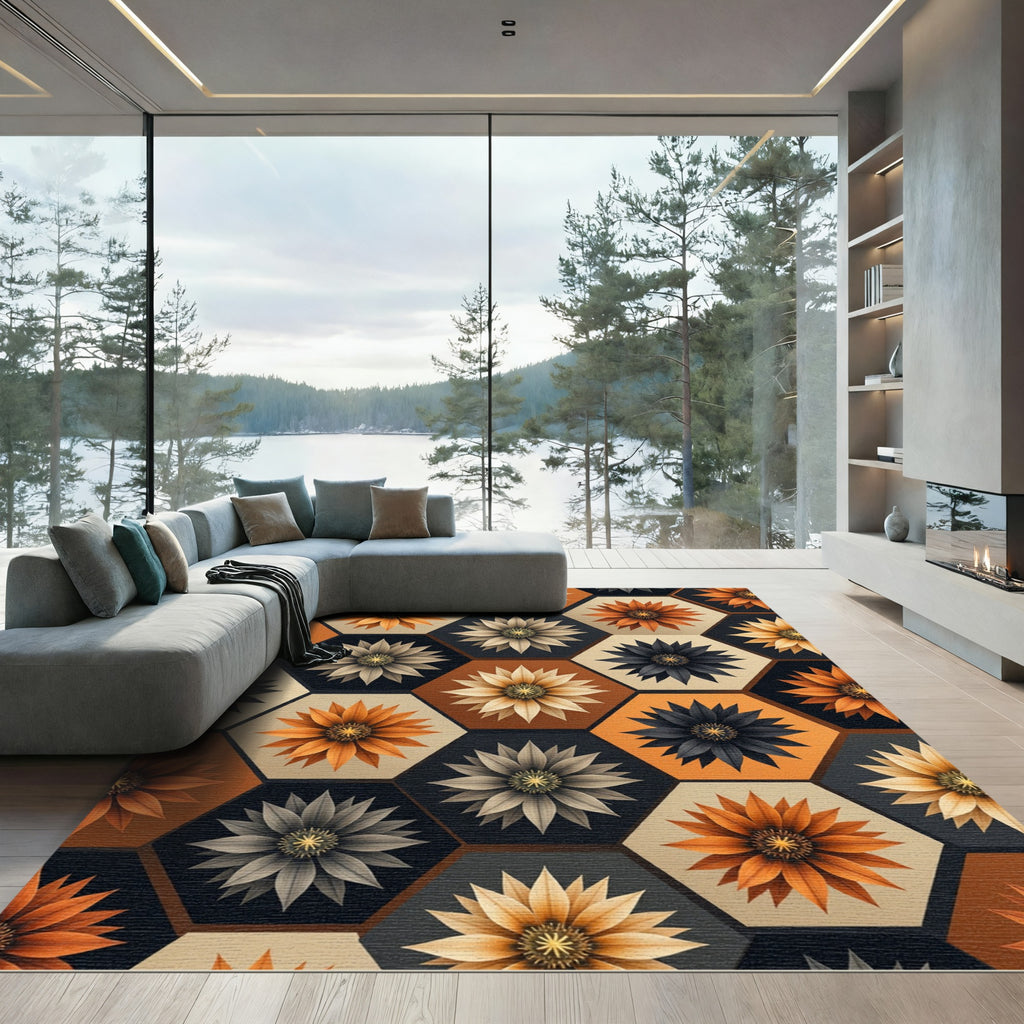 Geometric Hexagon Flower Autumn Honey Rug