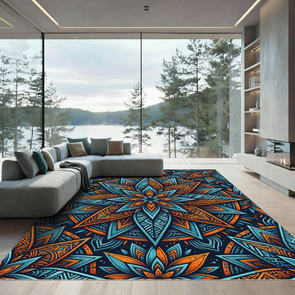 Vibrant Teal and Orange Star Mandala Rug