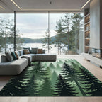 Deep Green Pine Forest Misty Scene Rug