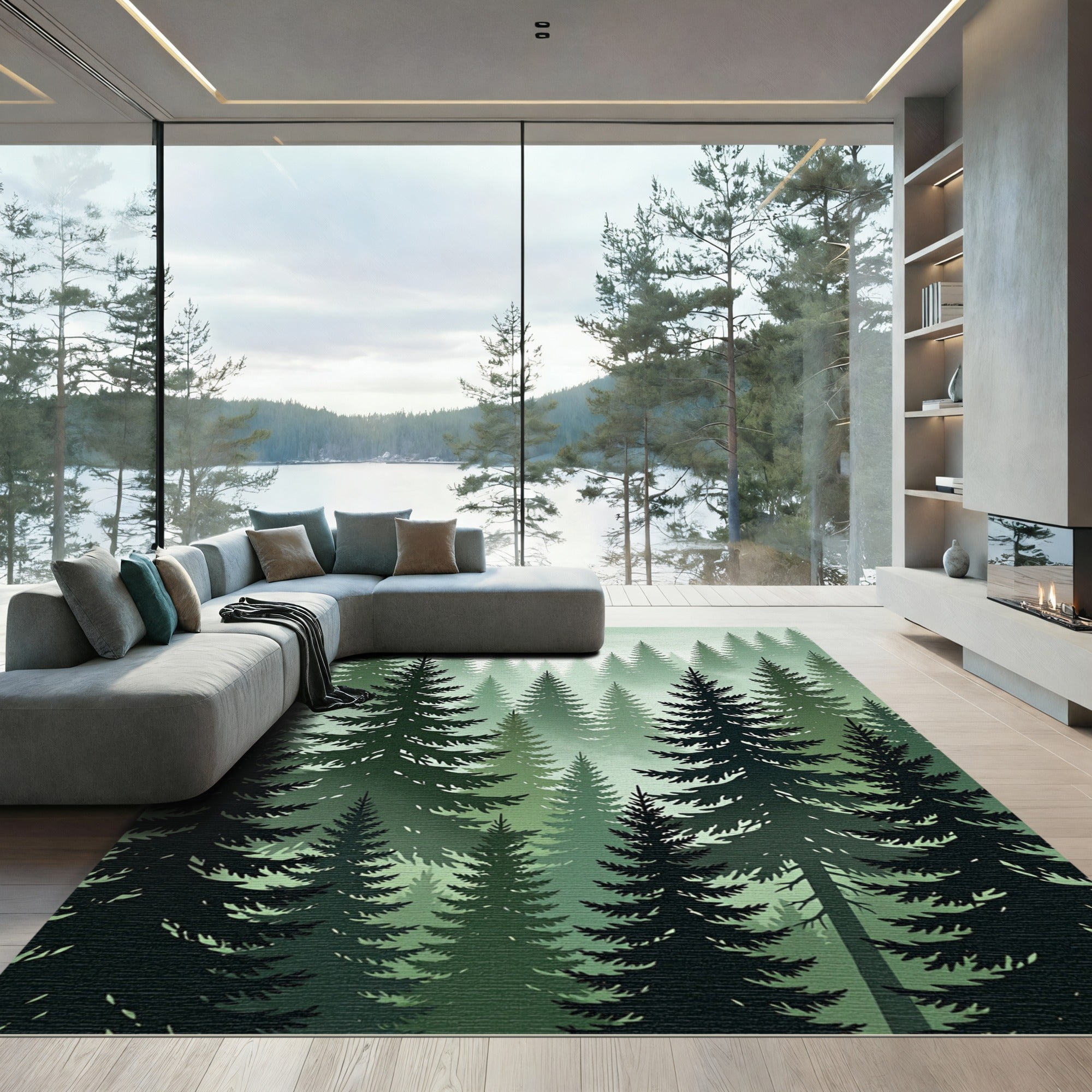 Deep Green Pine Forest Misty Scene Rug
