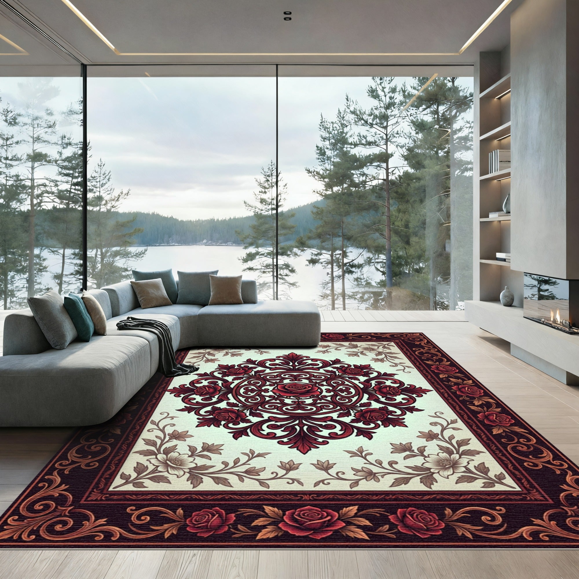 Deep Crimson Rose Ornate Medallion Rug