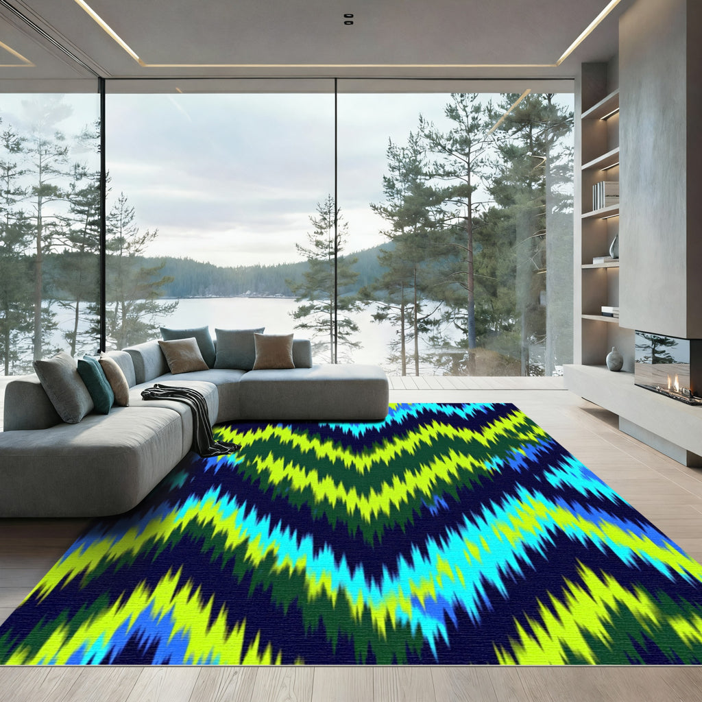 Vibrant Electric Lime Blue Zigzag Rug