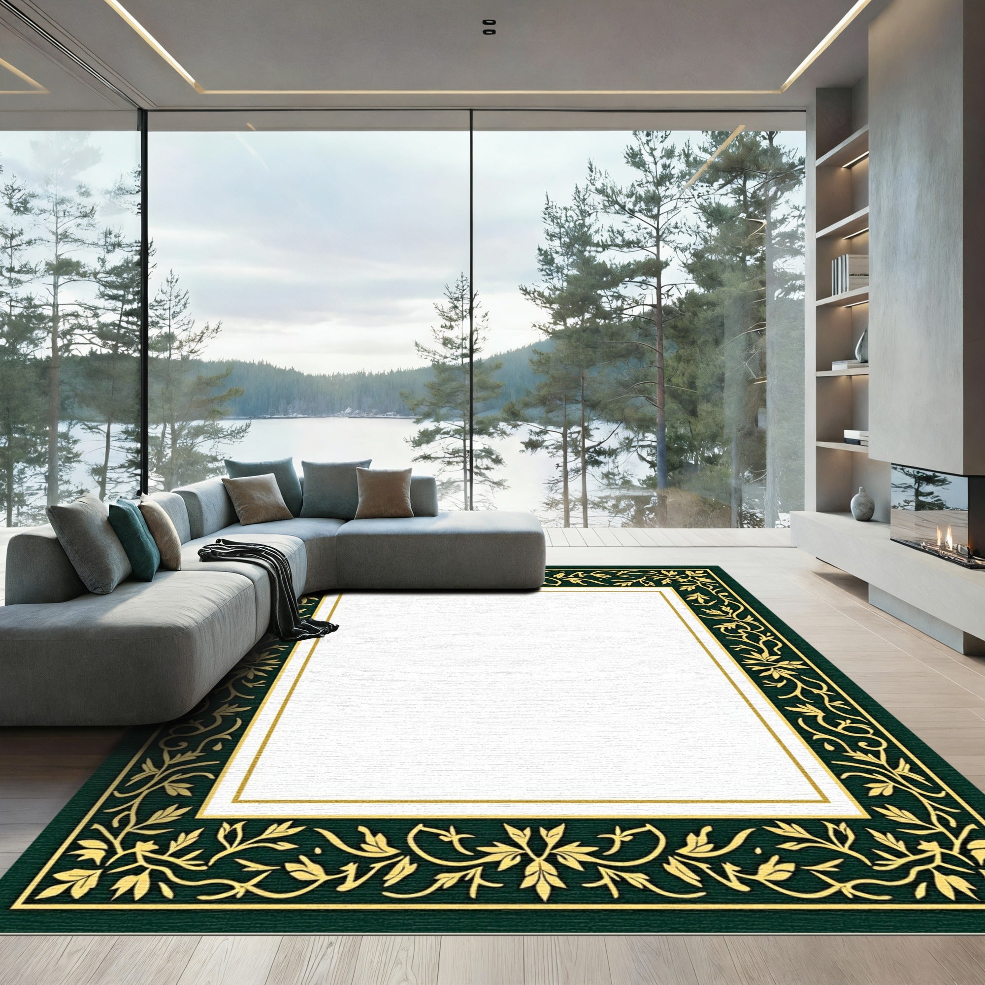 Emerald Green Golden Vine Border Rug
