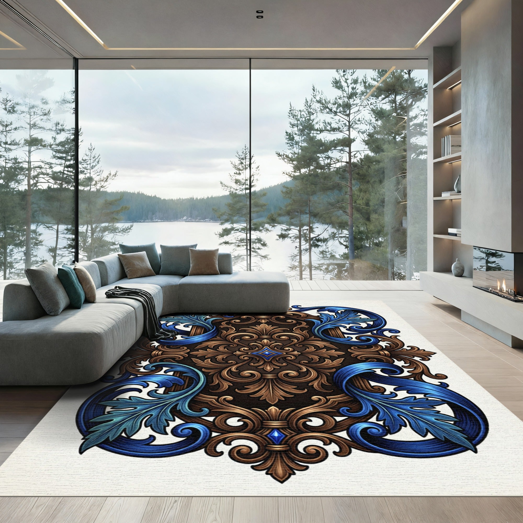 Ornate Royal Blue and Gold Acanthus Rug