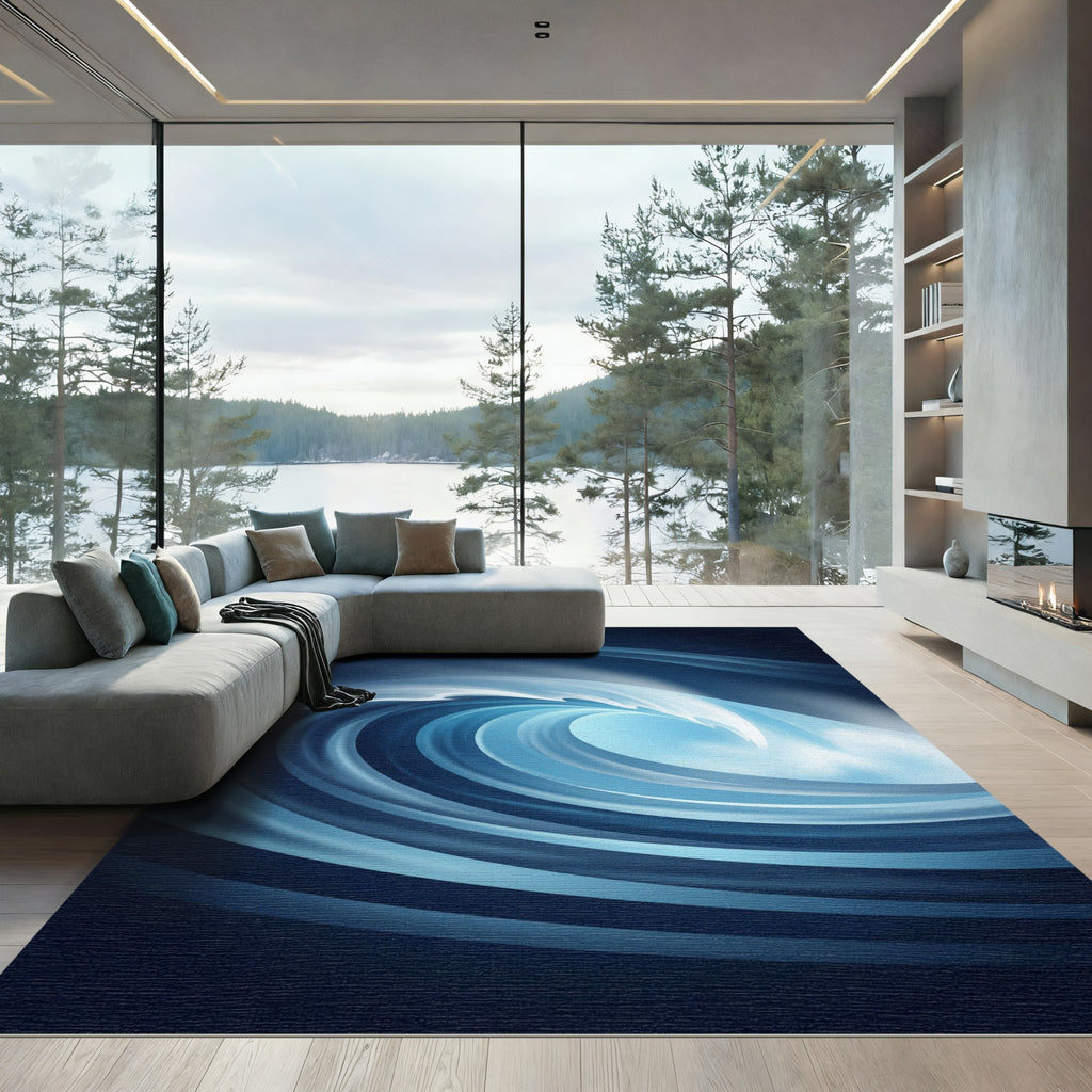 Abstract Electric Blue Curving Ocean Wave Rug