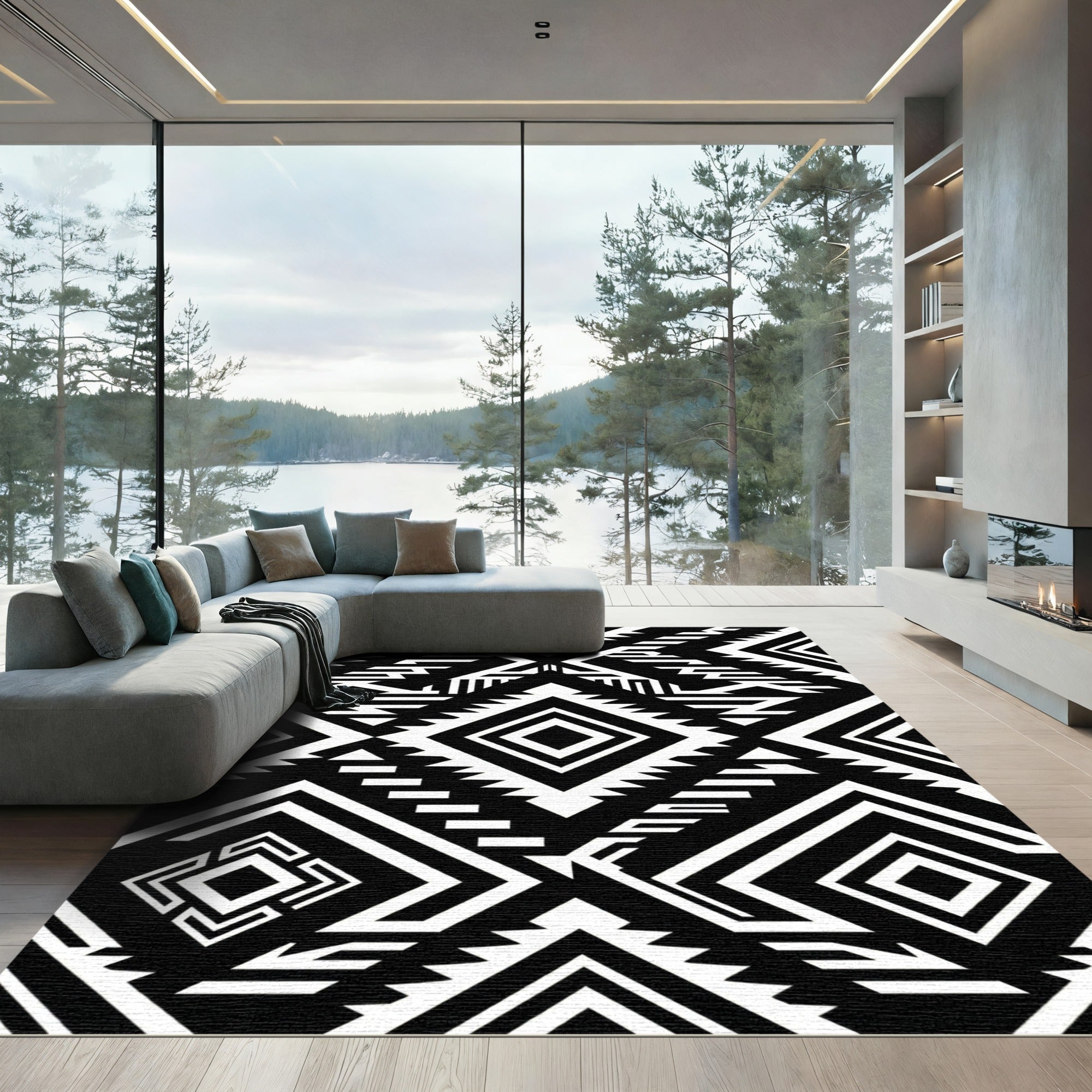 Bold Monochrome Geometric Diamond Accent Rug