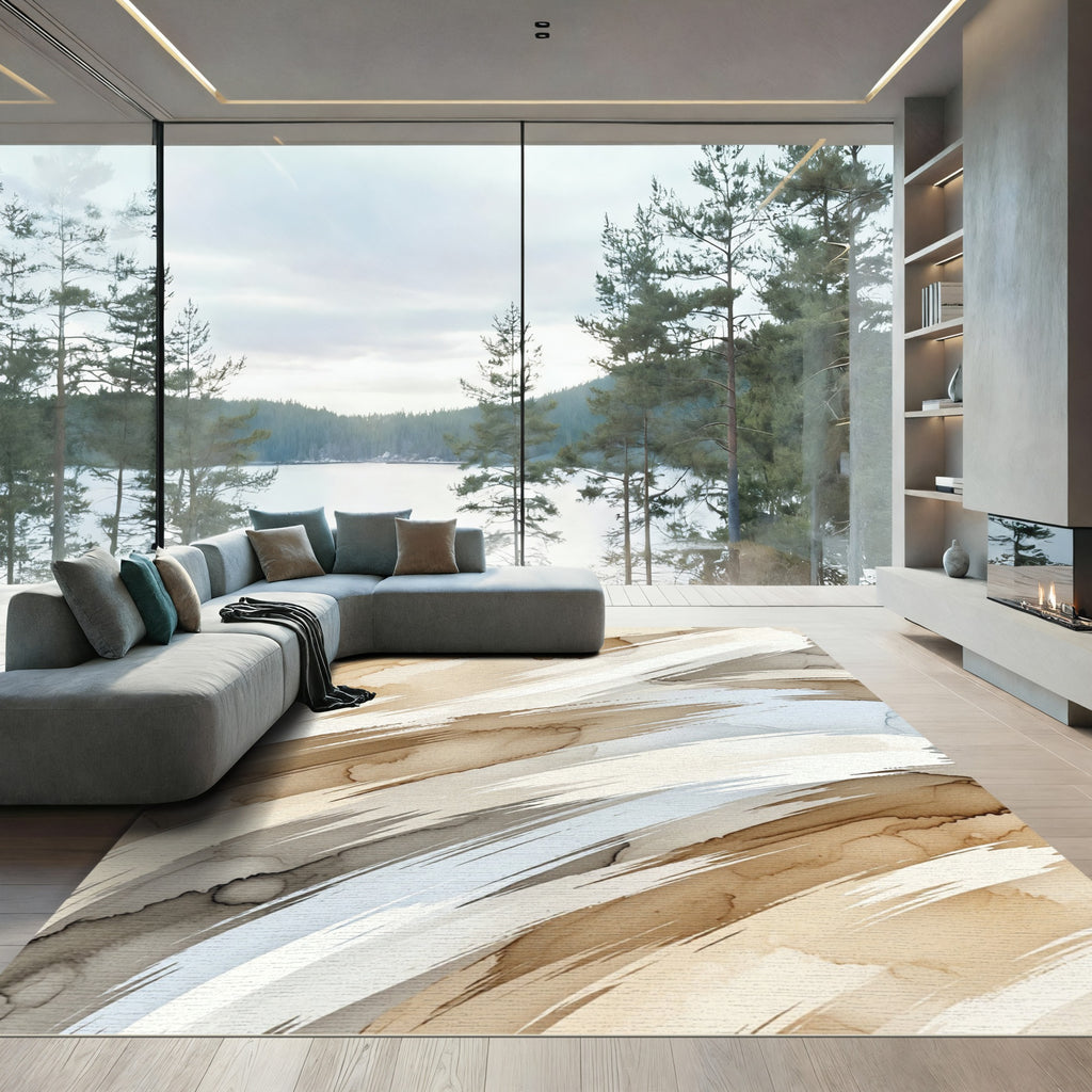 Abstract Neutral Sand Swirl Brushstroke Rug