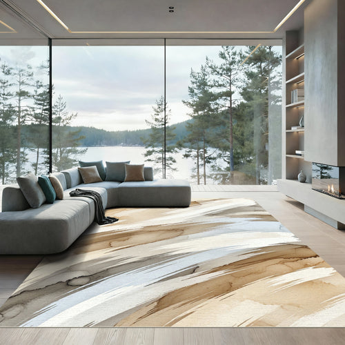 Abstract Neutral Sand Swirl Brushstroke Rug
