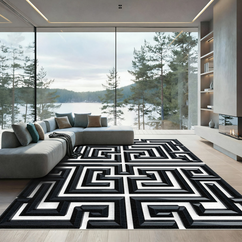 Black White Meandering Square Path Rug