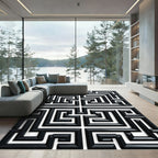 Black White Meandering Square Path Rug